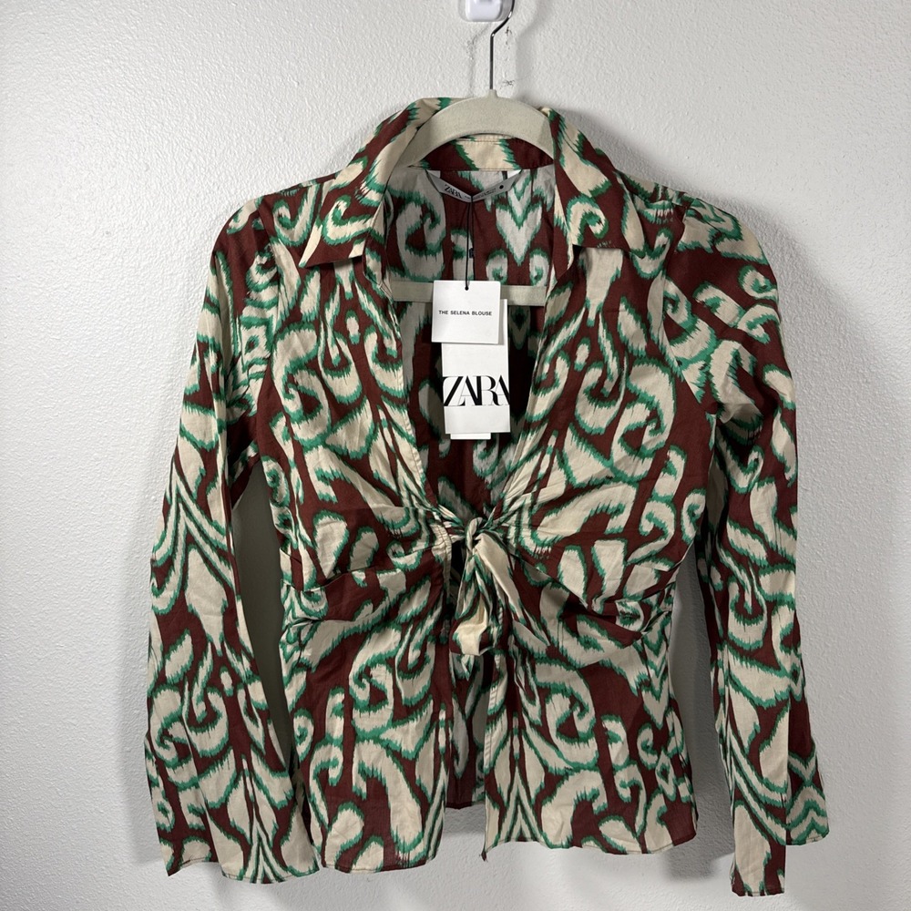 NWT Zara Selena Blouse XS Bell Sleeve Boho Tie Front Blouse U1‎